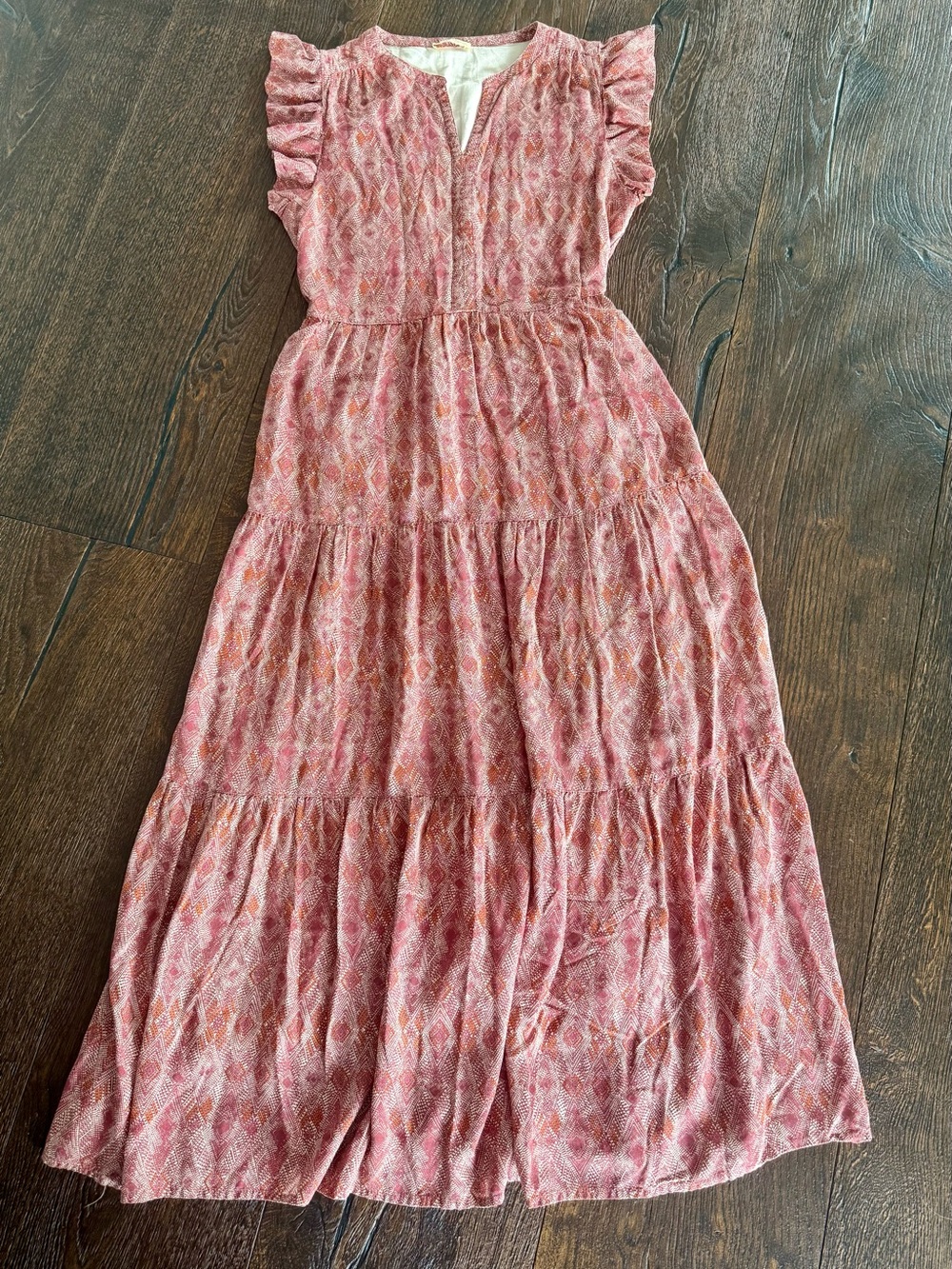 Pink Coral Tiered Maxi Dress with Flutter Sleeves